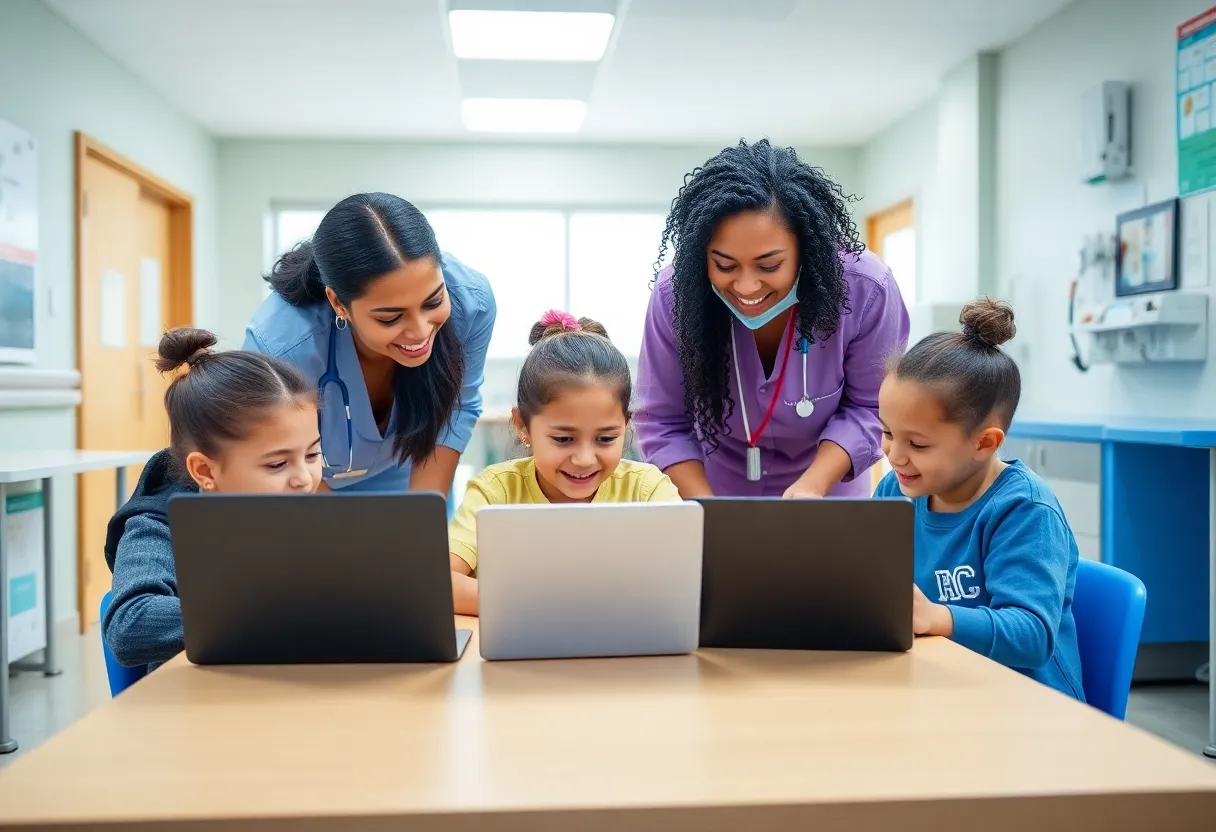 Teachers helping hospitalized children in a classroom setting within a hospital.