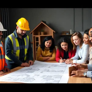 Construction workers planning a housing project