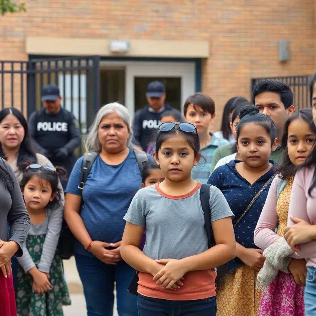 Parents and children outside a school viewing nearby ICE agents
