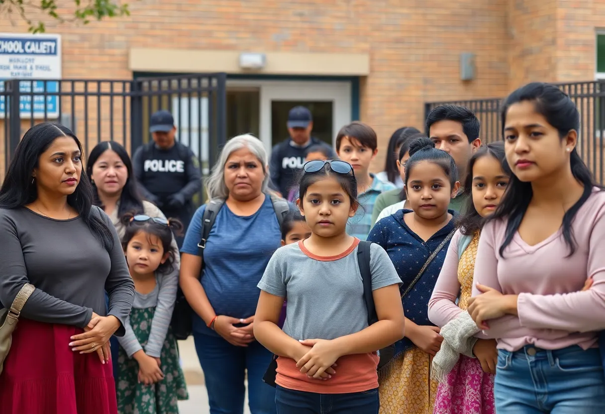 Parents and children outside a school viewing nearby ICE agents