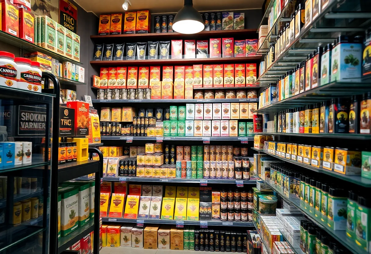 A variety of THC products displayed on shelves at a smoke shop.