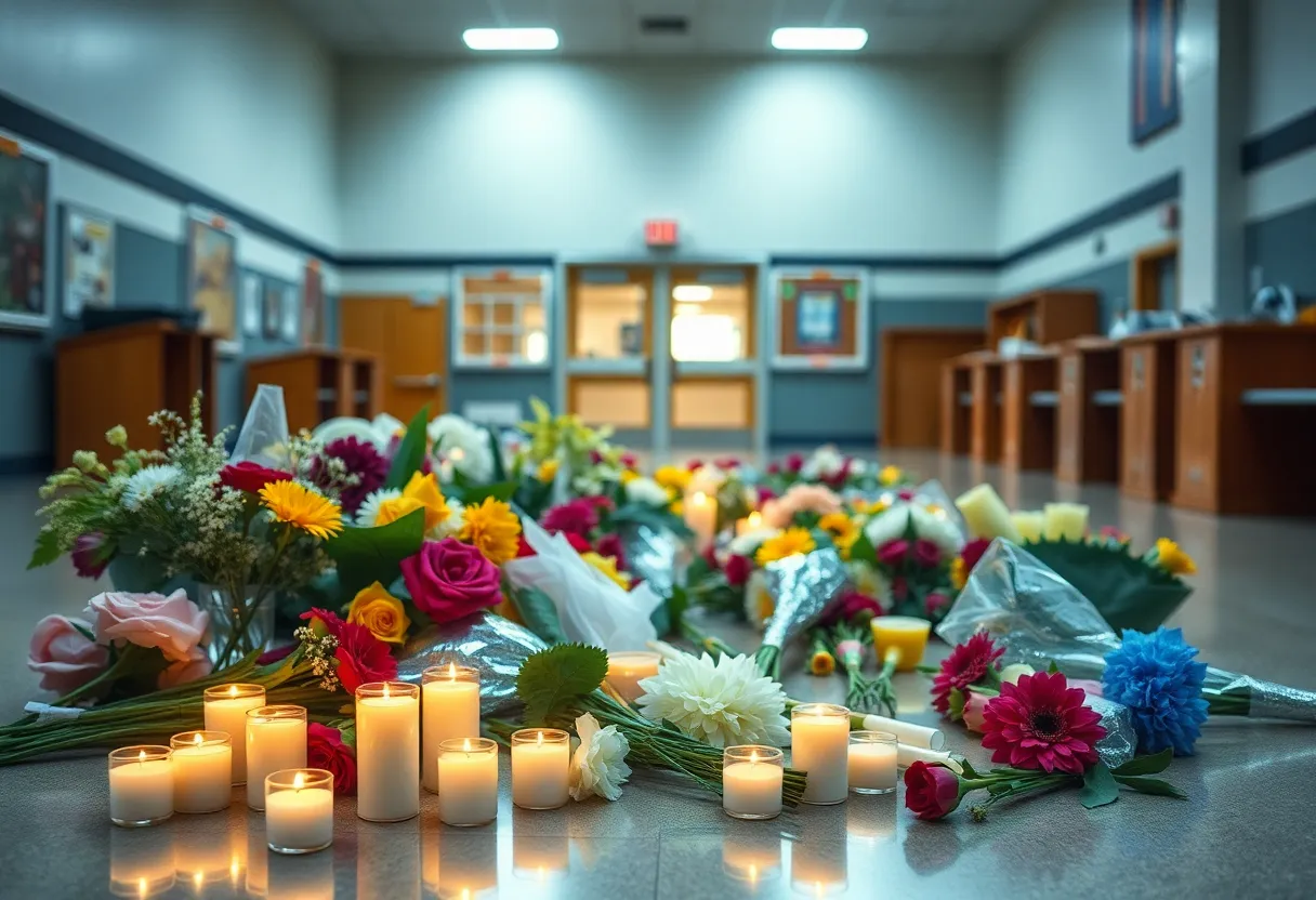 A memorial with candles and flowers for a student at Maryvale High School