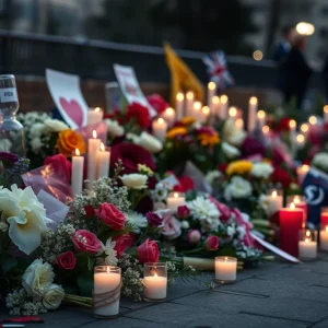 Memorial site with candles and flowers honoring Leo Kelly
