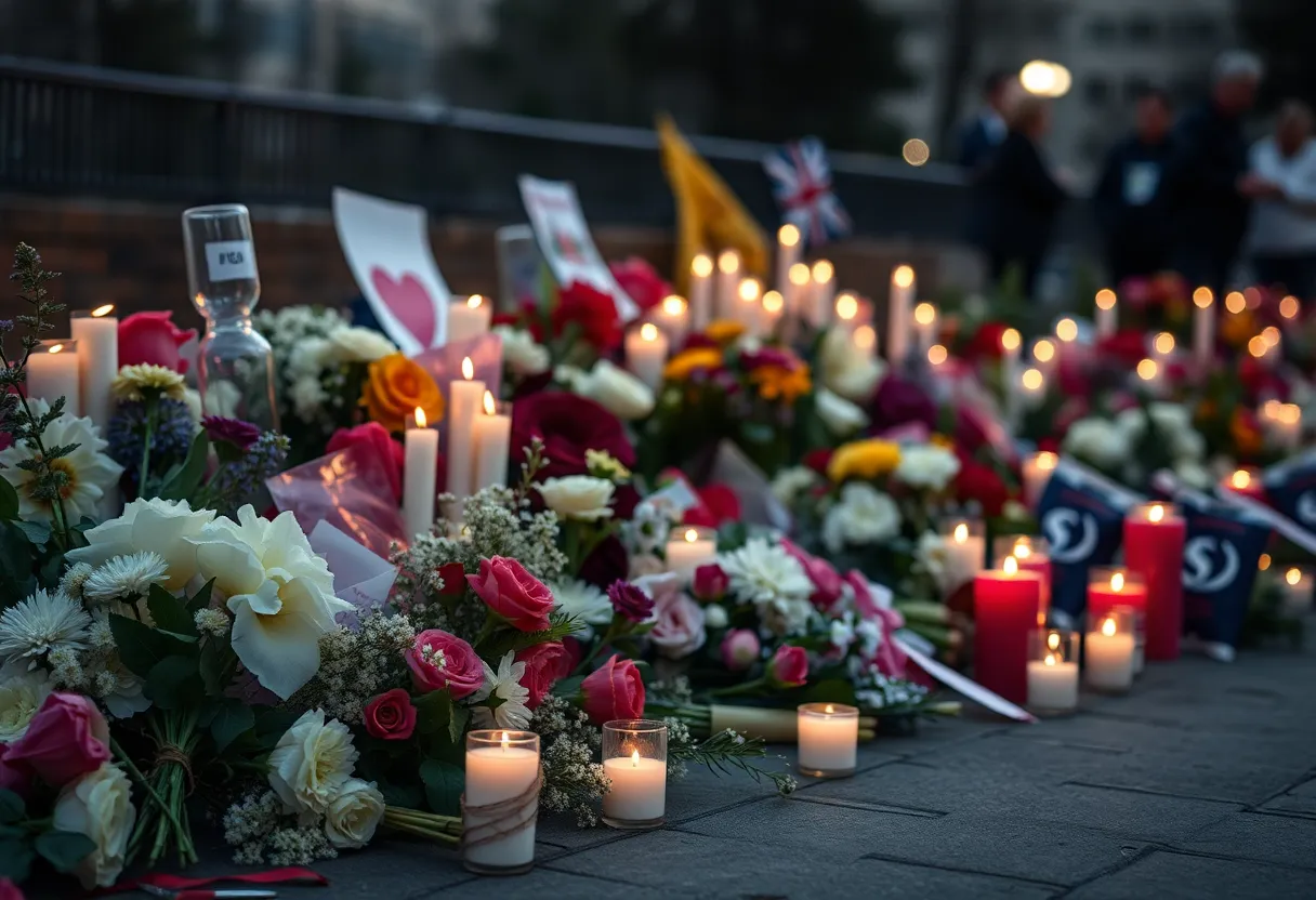 Memorial site with candles and flowers honoring Leo Kelly