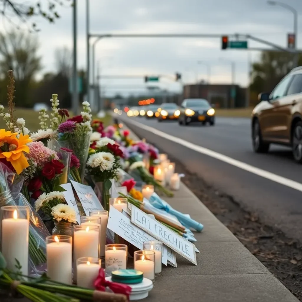 Candles and flowers arranged at a roadside memorial for a road rage shooting victim.