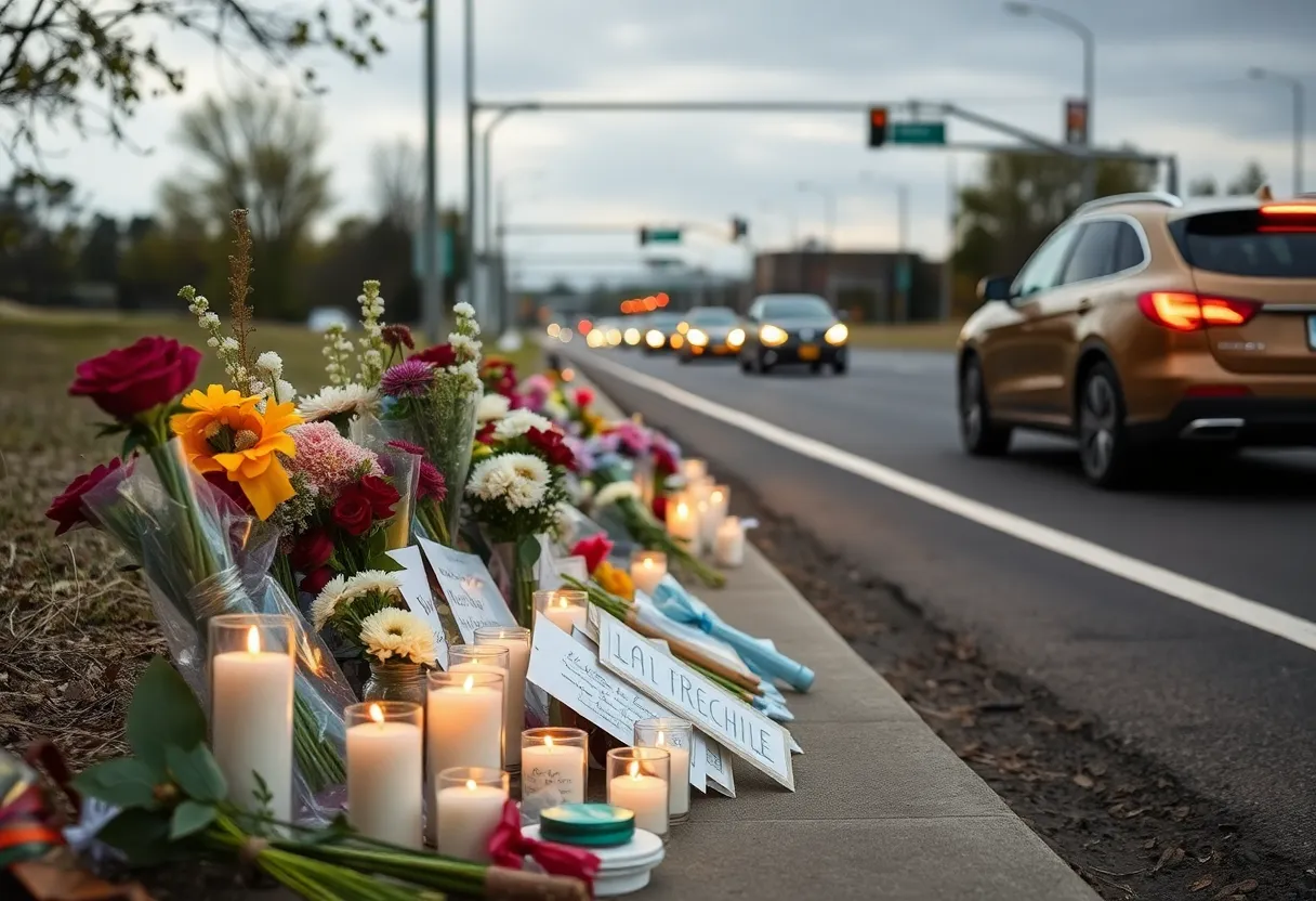 Candles and flowers arranged at a roadside memorial for a road rage shooting victim.