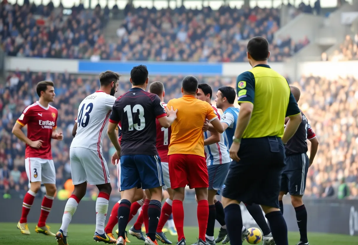 Intense soccer match with referees enforcing discipline