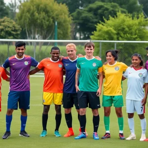 Soccer players representing various cultures during the MLS United We Play jersey launch