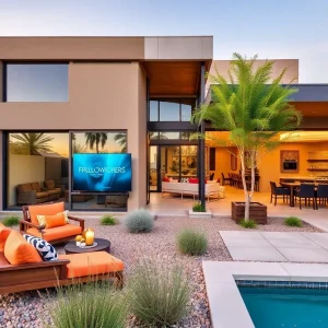 Sustainable home design in Phoenix showcasing a solar panel, outdoor kitchen, and smart home features.