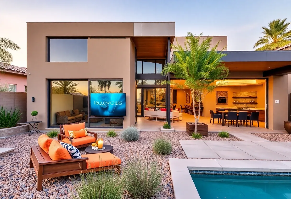 Sustainable home design in Phoenix showcasing a solar panel, outdoor kitchen, and smart home features.