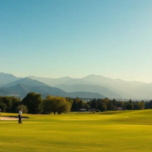 Golfers on a course with mountainous backdrop