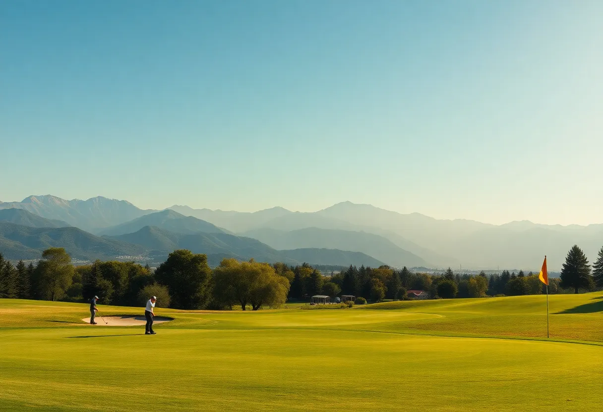 Golfers on a course with mountainous backdrop