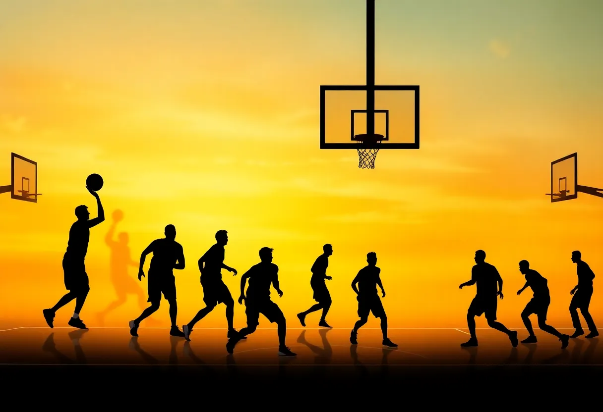 Dynamic basketball court with silhouettes of players indicating player movement.