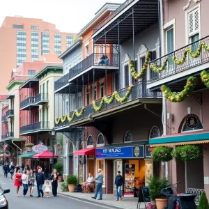 Colorful streets of New Orleans with musical elements
