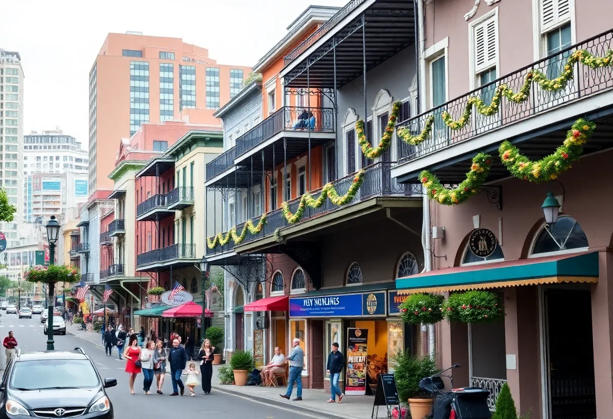 Colorful streets of New Orleans with musical elements