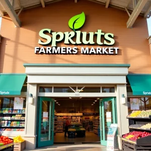 Entrance of the new Sprouts Farmers Market in Woodbridge with fresh produce
