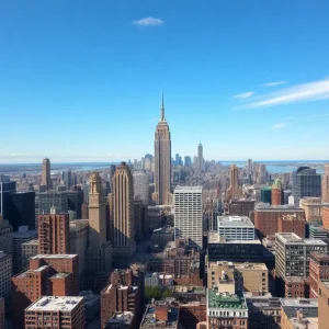 Aerial view of New York City skyline featuring iconic buildings and busy streets.