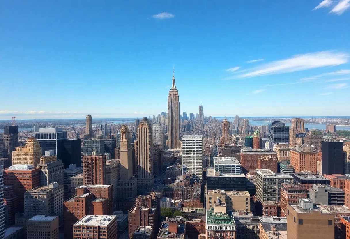 Aerial view of New York City skyline featuring iconic buildings and busy streets.