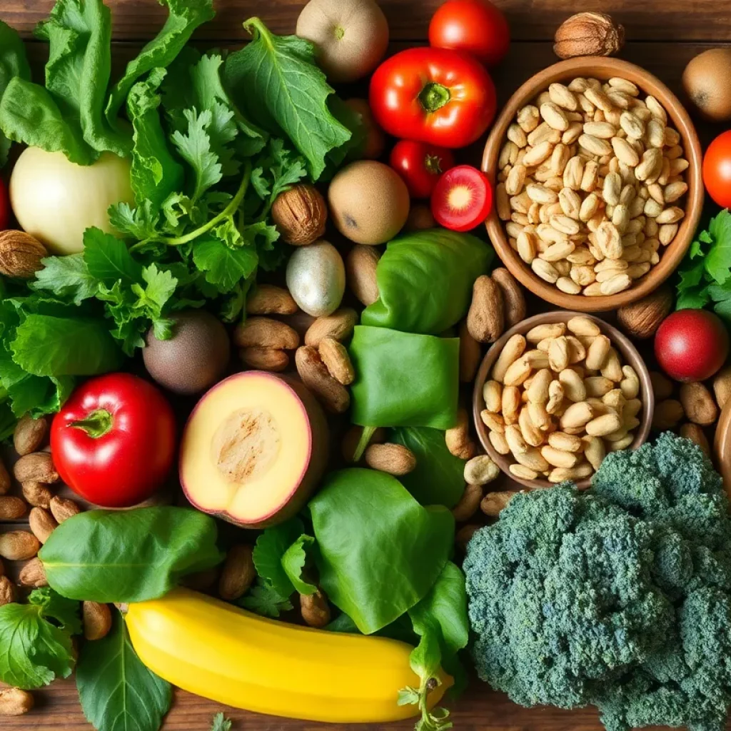 A variety of nutrient-rich foods displayed on a wooden surface, promoting a healthy diet.