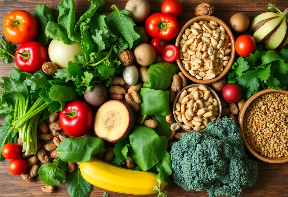 A variety of nutrient-rich foods displayed on a wooden surface, promoting a healthy diet.