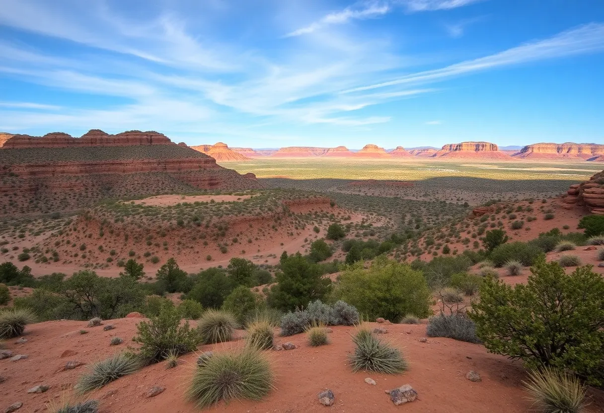 A panoramic view of Oak Flat, a sacred site for the San Carlos Apache Tribe, surrounded by natural greenery.