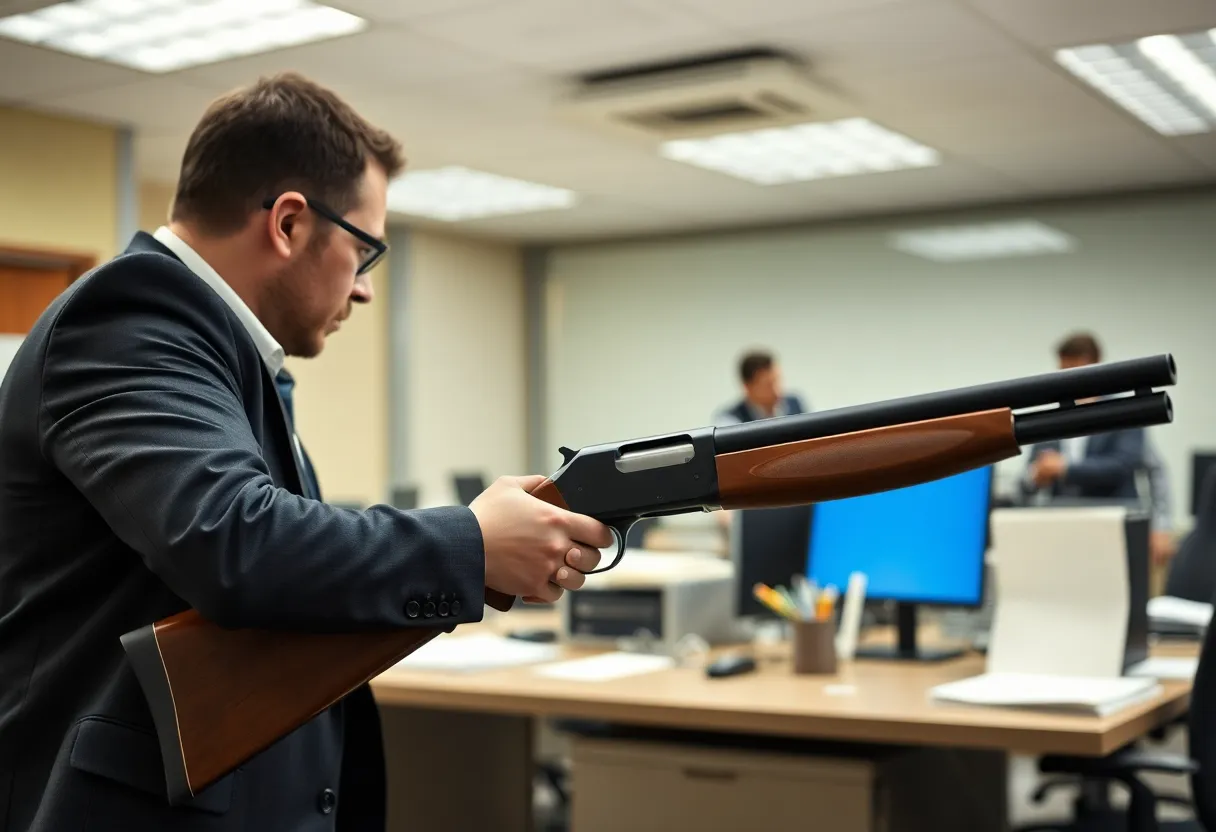 Representation of an office shooting incident emphasizing workplace safety.