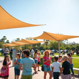 Families and individuals enjoying ice cream in a shaded Phoenix park