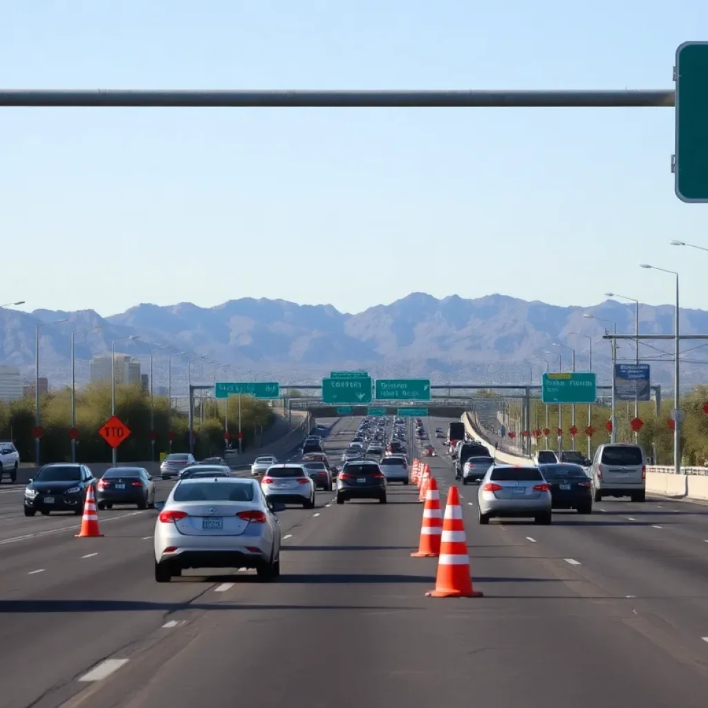 Construction work on a Phoenix freeway with traffic cones