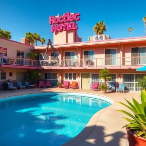 The courtyard of the Phoenix Hotel with a pool and mid-century architecture.