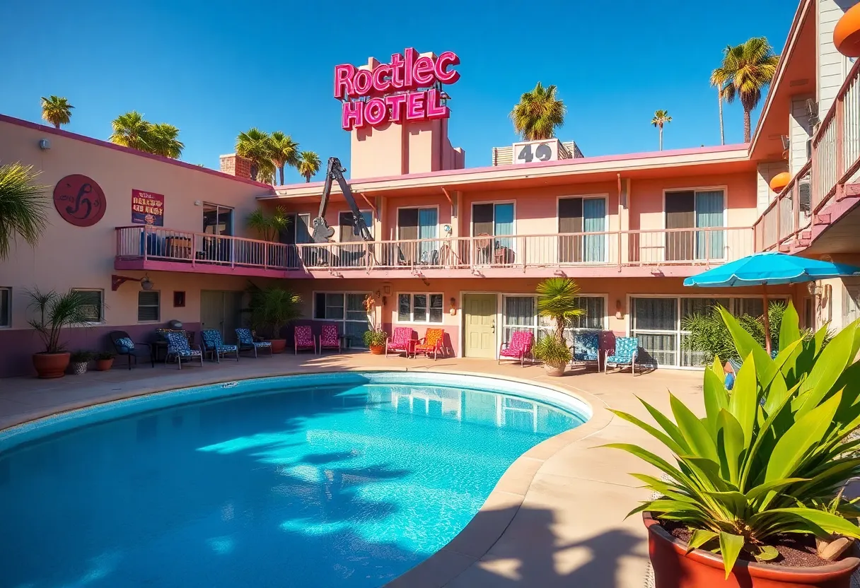 The courtyard of the Phoenix Hotel with a pool and mid-century architecture.