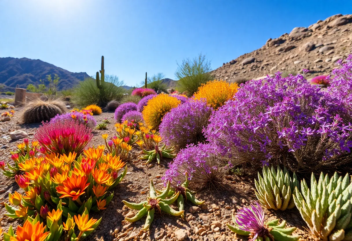 Diverse ground cover plants in a sunny Phoenix garden.