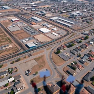 Aerial view of proposed Phoenix Rail Hub with community protestors in foreground