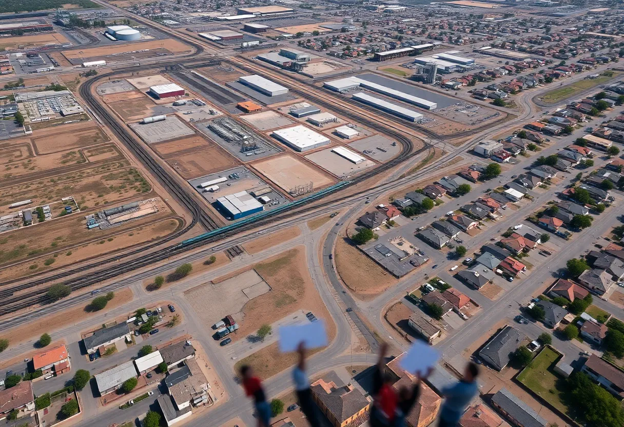 Aerial view of proposed Phoenix Rail Hub with community protestors in foreground