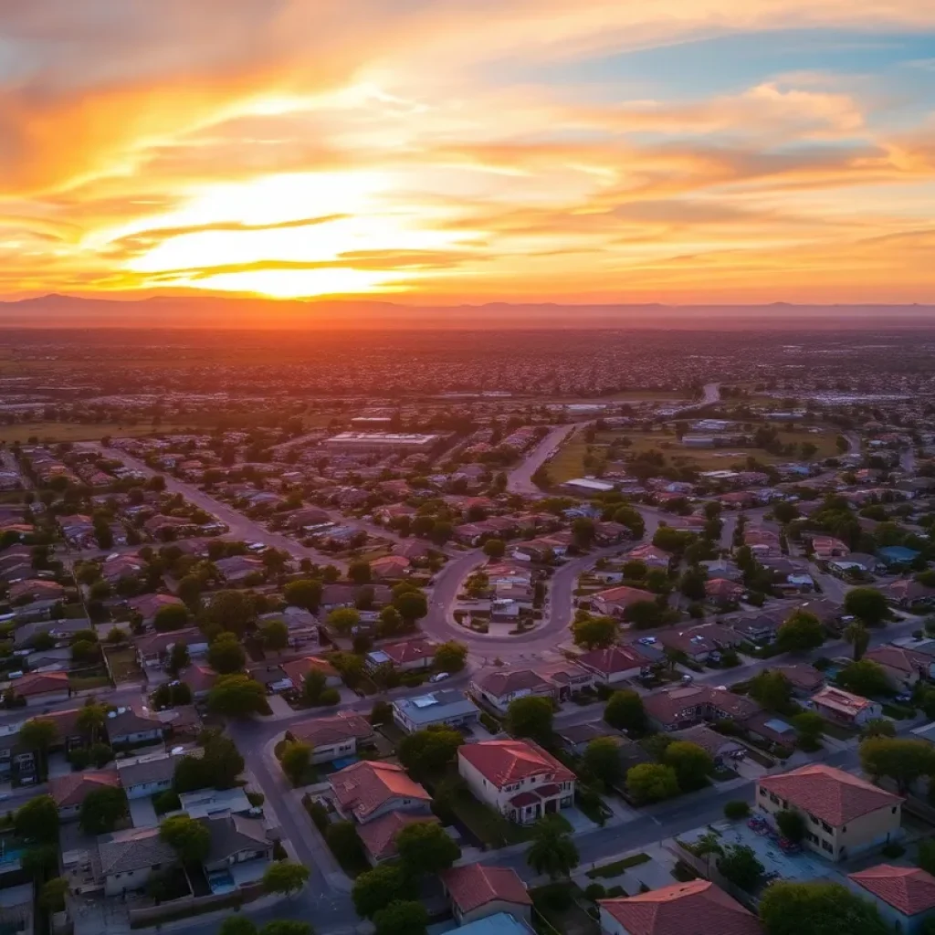 Aerial view of Phoenix real estate with homes and skyline