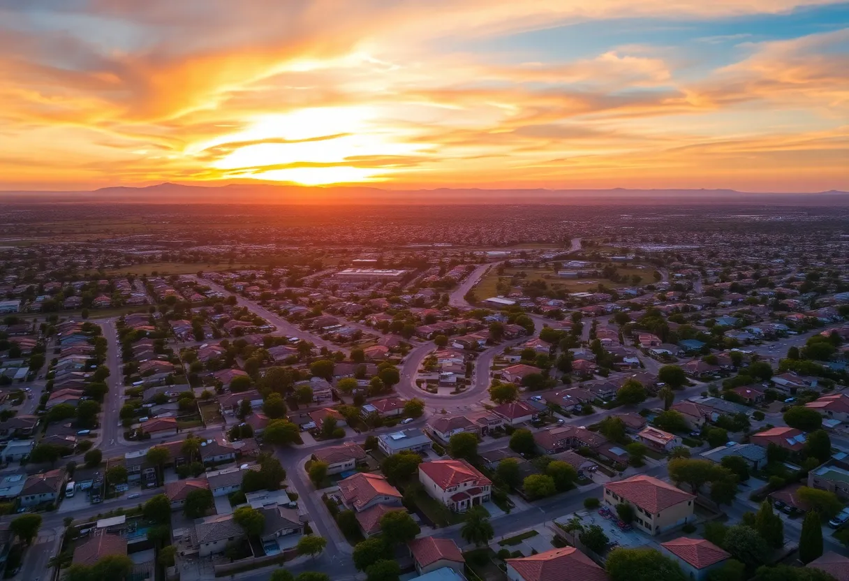 Aerial view of Phoenix real estate with homes and skyline