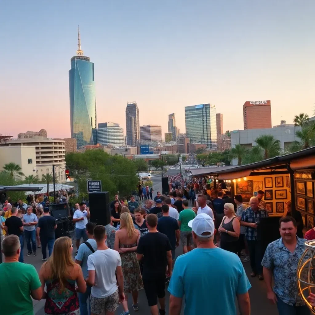Cityscape of Phoenix with concert and art event highlights