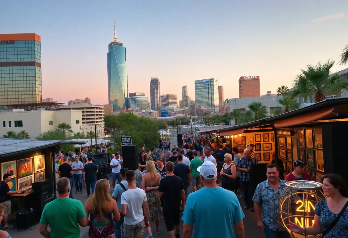 Cityscape of Phoenix with concert and art event highlights