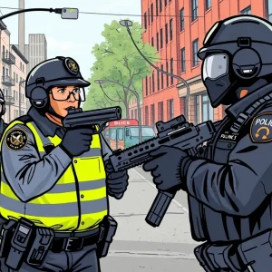 Police officers in an urban setting using less-lethal weapons during an encounter.