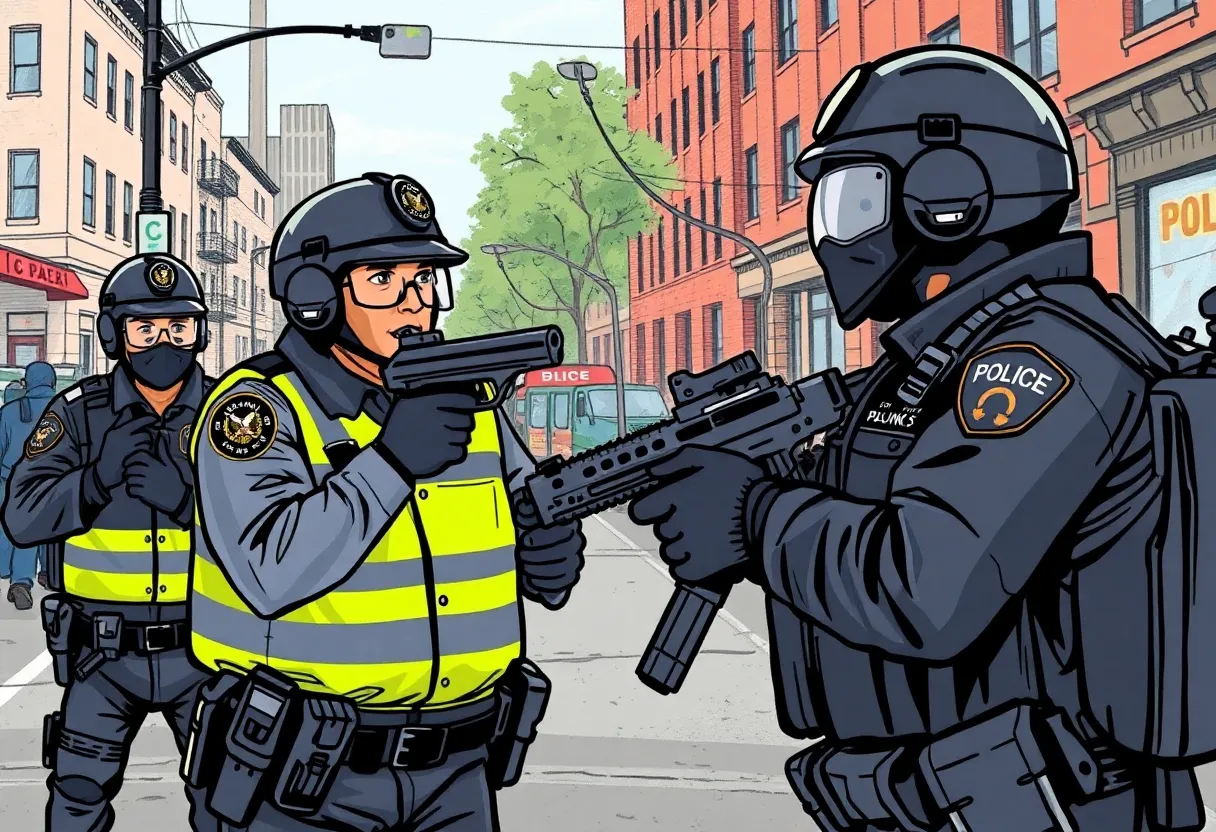 Police officers in an urban setting using less-lethal weapons during an encounter.