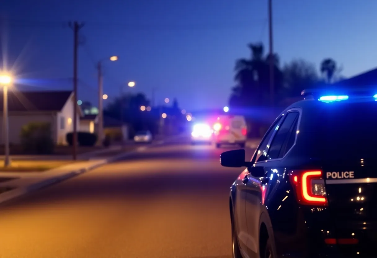 Police lights at night in a Phoenix neighborhood after a shooting incident.