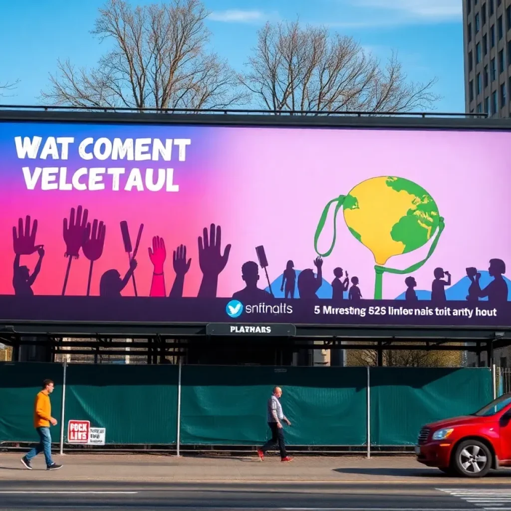 Billboard displaying political artwork in an urban setting