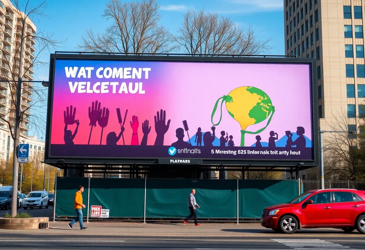 Billboard displaying political artwork in an urban setting