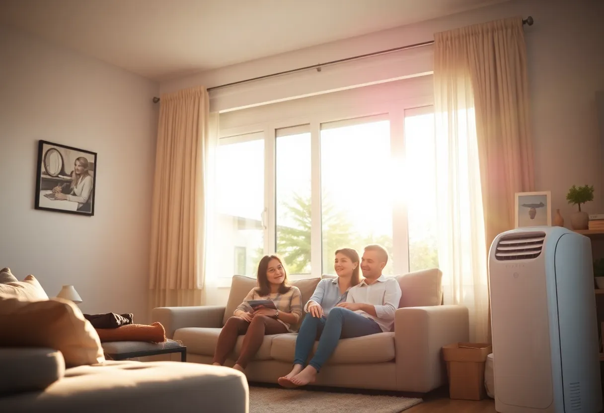 Portable air conditioning unit installed in a cozy living room