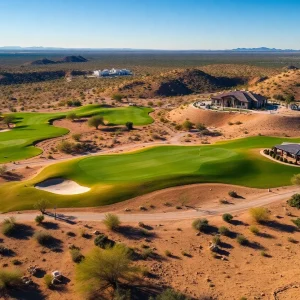 Aerial view of Poston Butte Golf Club showcasing the golf course and surrounding landscape.
