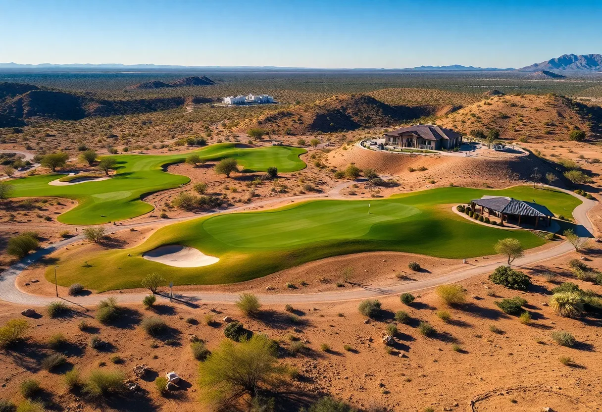 Aerial view of Poston Butte Golf Club showcasing the golf course and surrounding landscape.