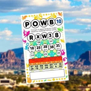 Illustration of a Powerball lottery ticket with Arizona skyline