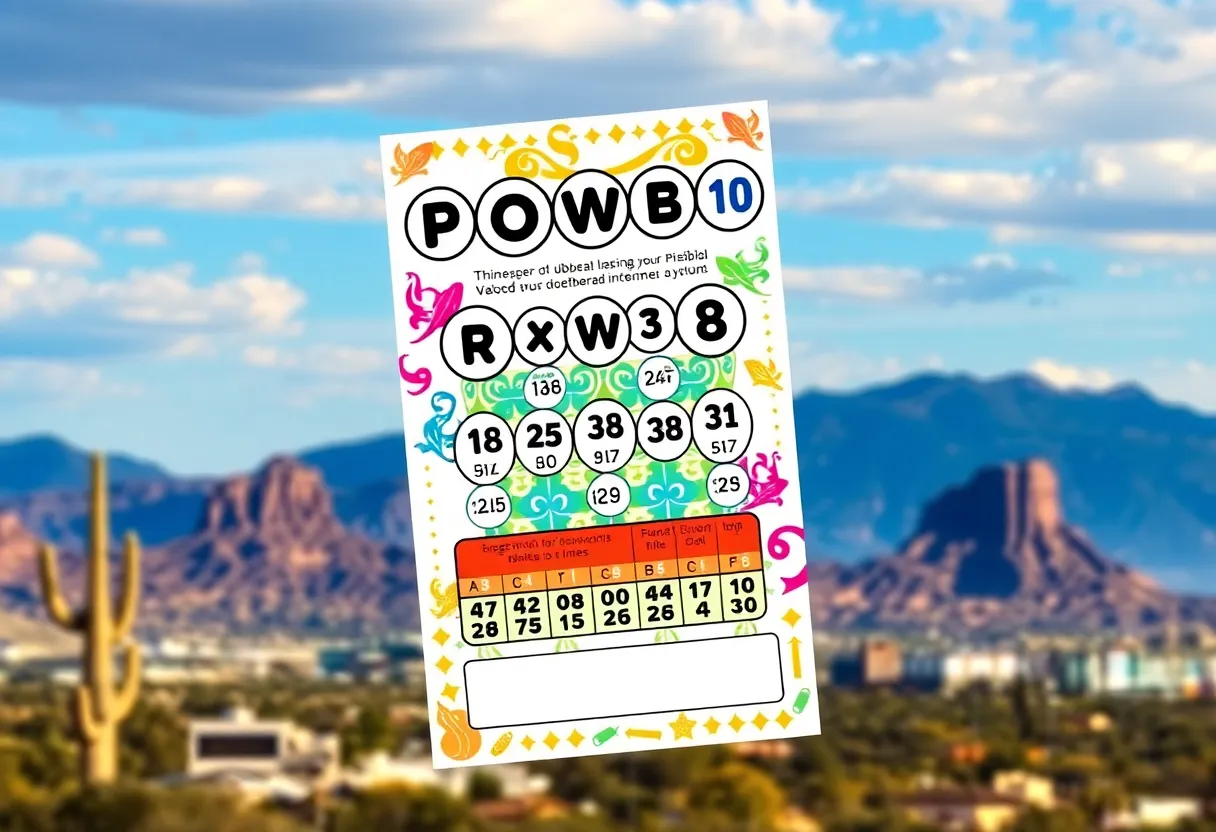 Illustration of a Powerball lottery ticket with Arizona skyline
