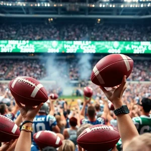 Scene from the Pro Football Hall of Fame induction ceremony with fans celebrating