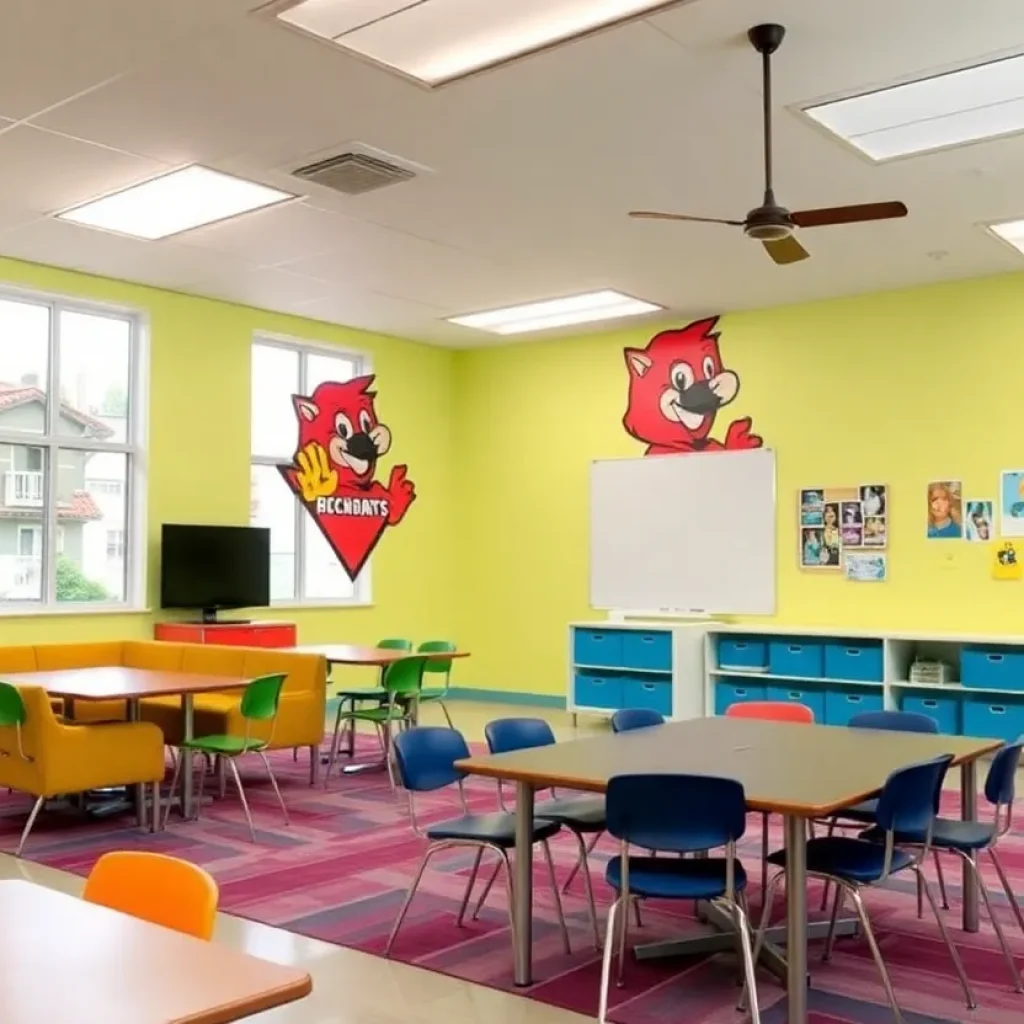 Teacher's lounge at Granada West Elementary with new furniture and decorations