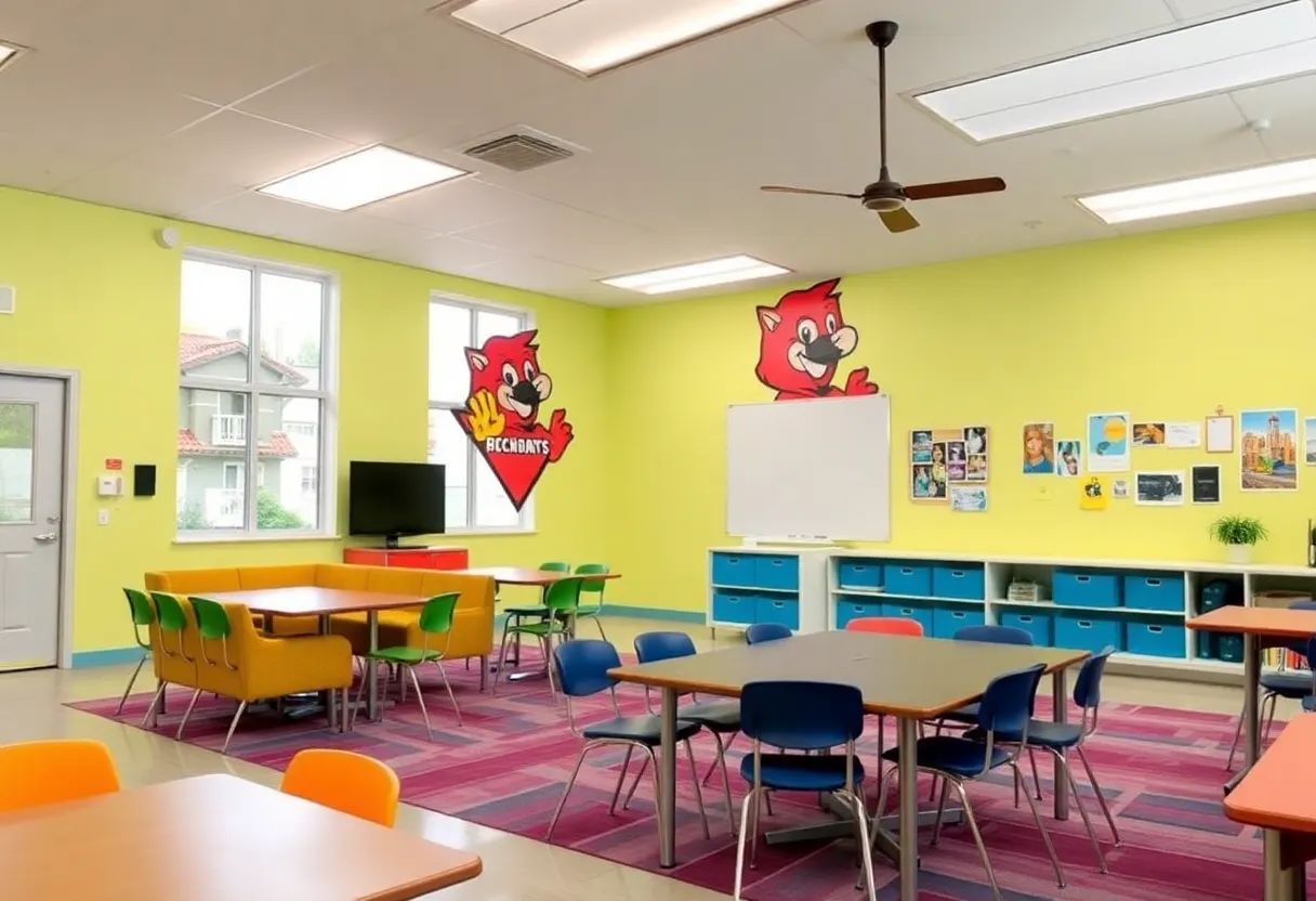 Teacher's lounge at Granada West Elementary with new furniture and decorations